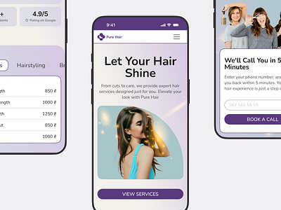 Elegant Landing Page for Pure Hair Salon beauty industry cta dribbble showcase hair salon website interactive design landing landing page minimalistic layout mobile mobile friendly modern ui pure hair salon purple theme responsive design salon services ui ui design ux web design