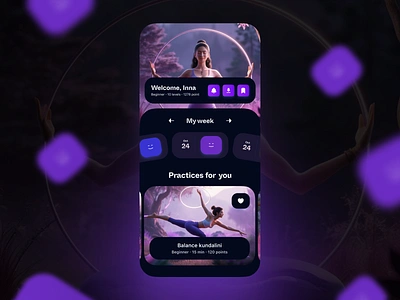 puri:fy - yoga & meditation mobile app ai app calm concept dark mode designe fitness healthy magic meditation mobile mobile app mood practice promt sport ui ux violet yoga