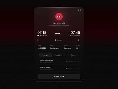 Woosh by KAI - Card Ticket View app booking card clean container dark glassmorphism icon invoice kai navigation print railway simple speed tab ticket train ui woosh