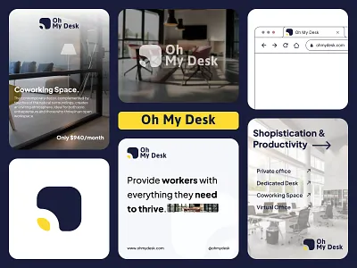 Oh My Desk - Branding Exploration agency banner brand branding business clean community company creative design entrepeneurs graphic design logo marketing social media typoghrapy visual identity white space working environment working space