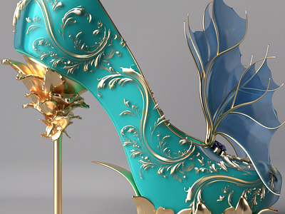 Enchanted Aquamarine Heels - 3D Model 3d 3dart 3dmodel 3drendering blender3d conceptart digitalart duculet emilia cristina enchantedshoes fairytalefashion fantasydesign fantasyfashion highheels jewelrydesign ornamentaldesign productvisualization wingedheels