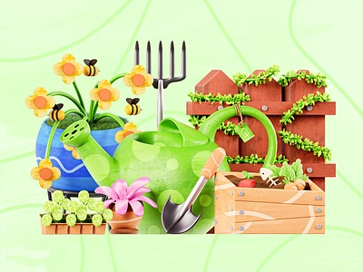 Renewal & Regrowth 3D Illustration 3d 3d illustration bee blender branding compost bin design eco eco friendly fence flower grass illustration pot regrowth renewal shovel watering can