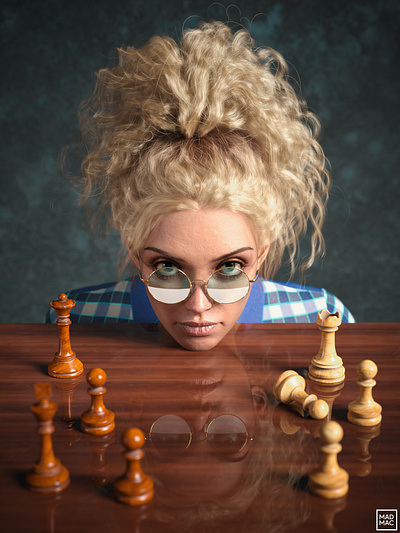 Next Move 3d chees chessmaster chesspieces chesstactics digital art focus game girl glasses hairstyle player portrait queengambit reflection render