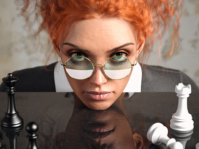 Next Move 3d chees digital art girl glasses hairstyle player por portrait queengambit reflection render