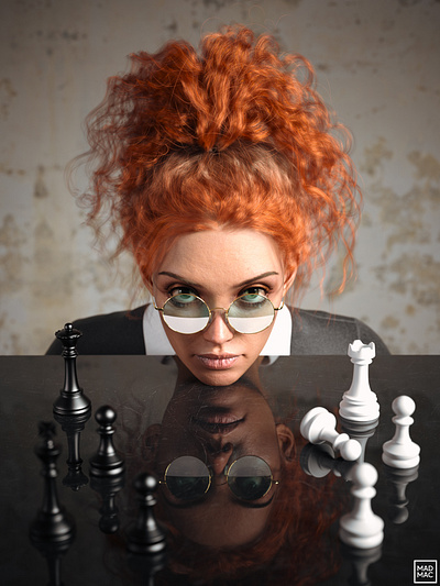 Next Move 3d chees digital art girl glasses hairstyle player por portrait queengambit reflection render