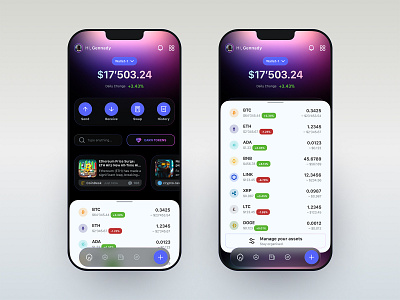 Crypto Wallet adaptive app assets balance bar bright coin crypto interface ios list main navigation news responsive search token ui usability wallet