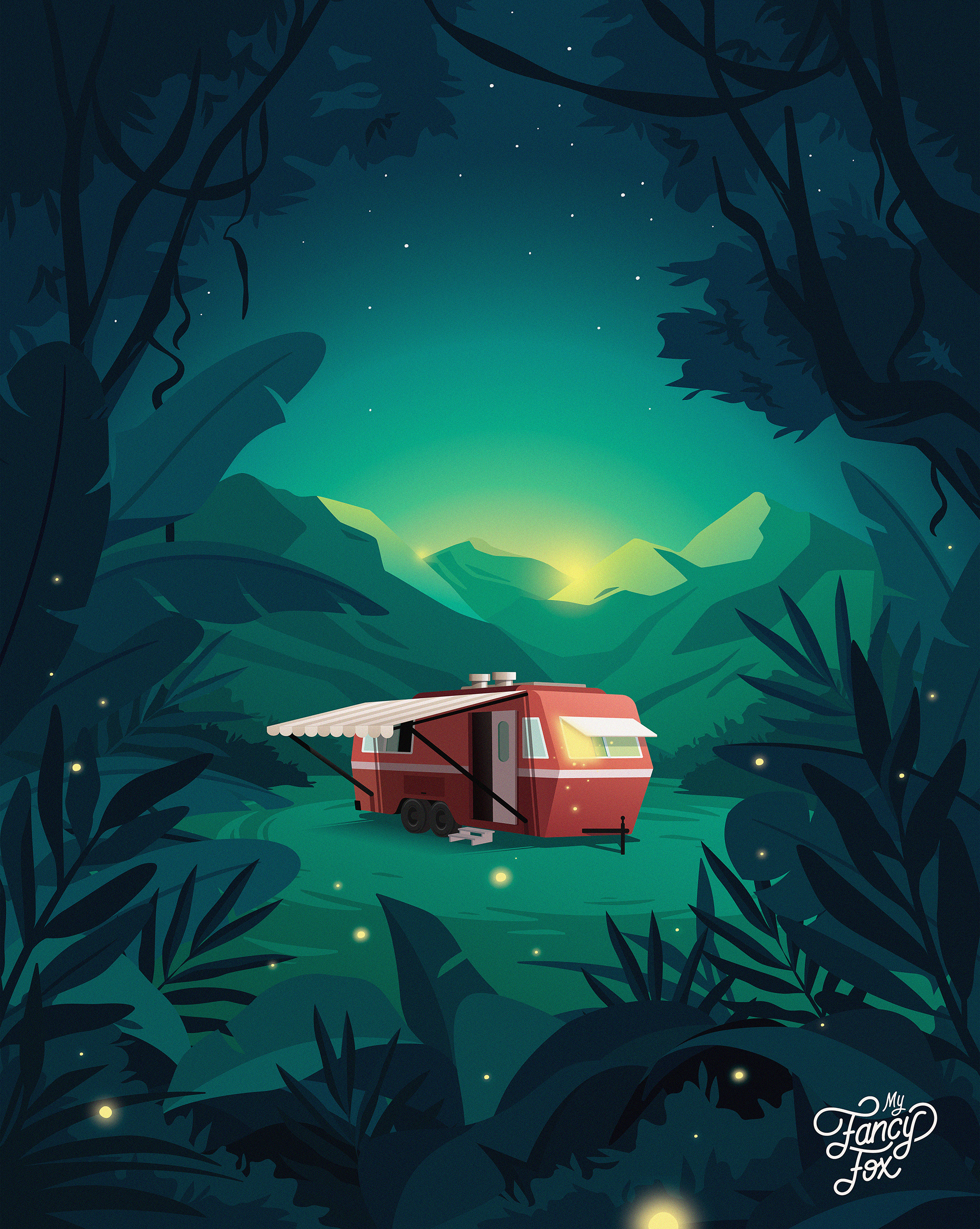 Into the Woods camper green magical mountain mysterious nature nightlight salmon teal woods yellow