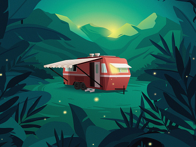 Into the Woods camper green magical mountain mysterious nature nightlight salmon teal woods yellow