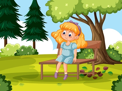 Little girl enjoying nature park bench 3d animation graphic design motion graphics