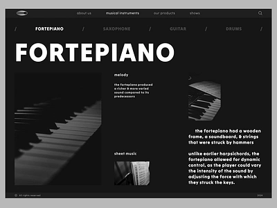 Website with Musical Instruments black black white bold typography cards composite design grey information interface melody music page site typography ui userfriendly ux web website white