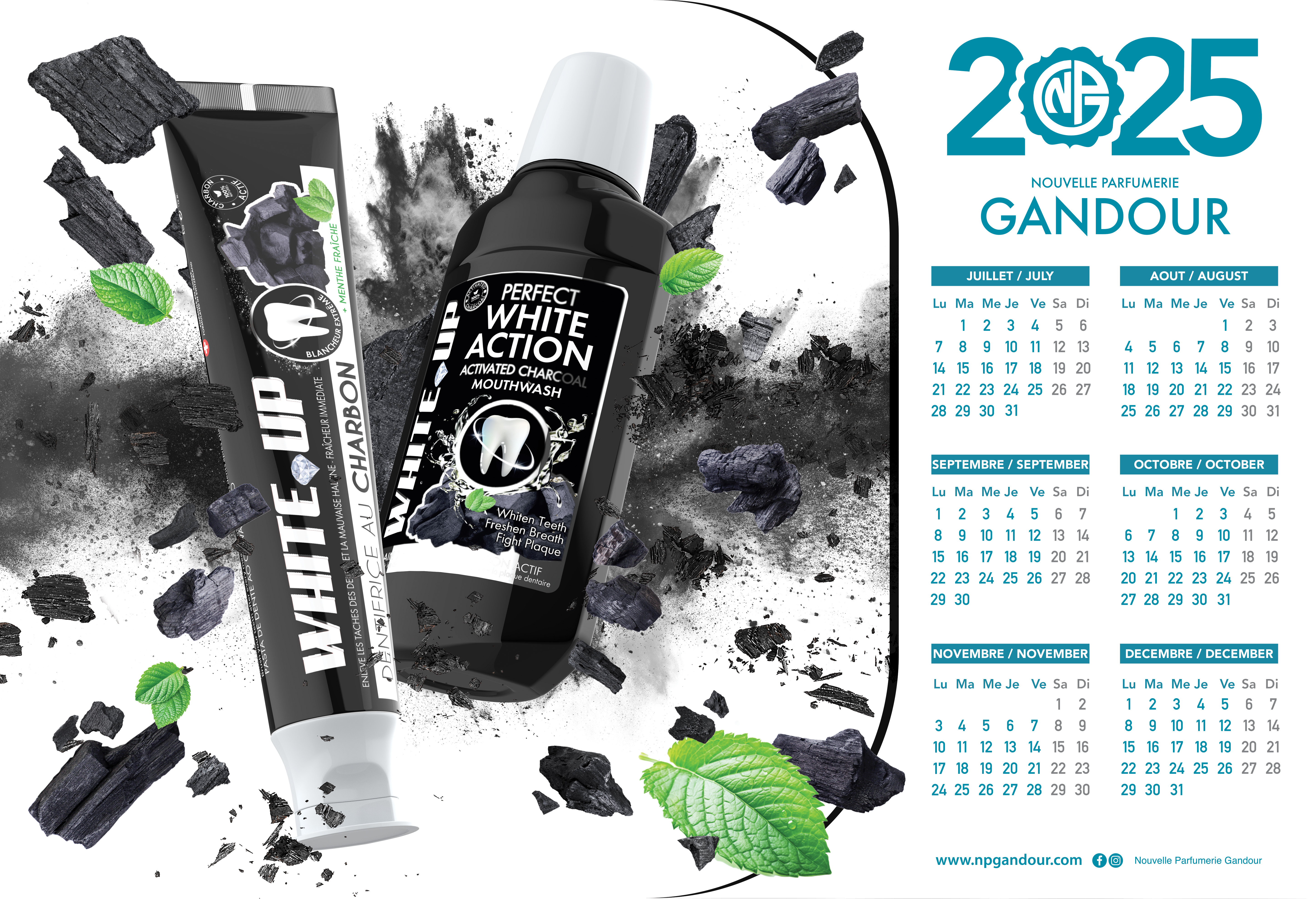 CALENDAR 2025 3d charcoal fragrance graphic design perfume print design toothpaste