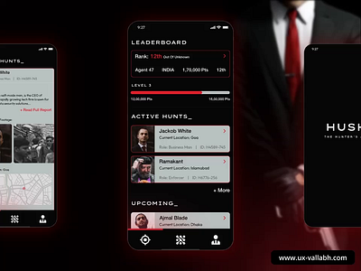 'Hush' The Hitman's App UI UX Design 🧰 app ui black branding case study dark mode game game ui graphic design hitman minimal mobile app ui mobile ui red ui uiux user experience user interface ux ux design