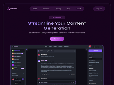 Meet Assistant: Your Ultimate AI Companion! ai ai assistant assistant ceative chat ai chat gpt chatbot co pilote code generator creative ui dark website image ai open ai product webpage ui ux design web ui webpage website website ai
