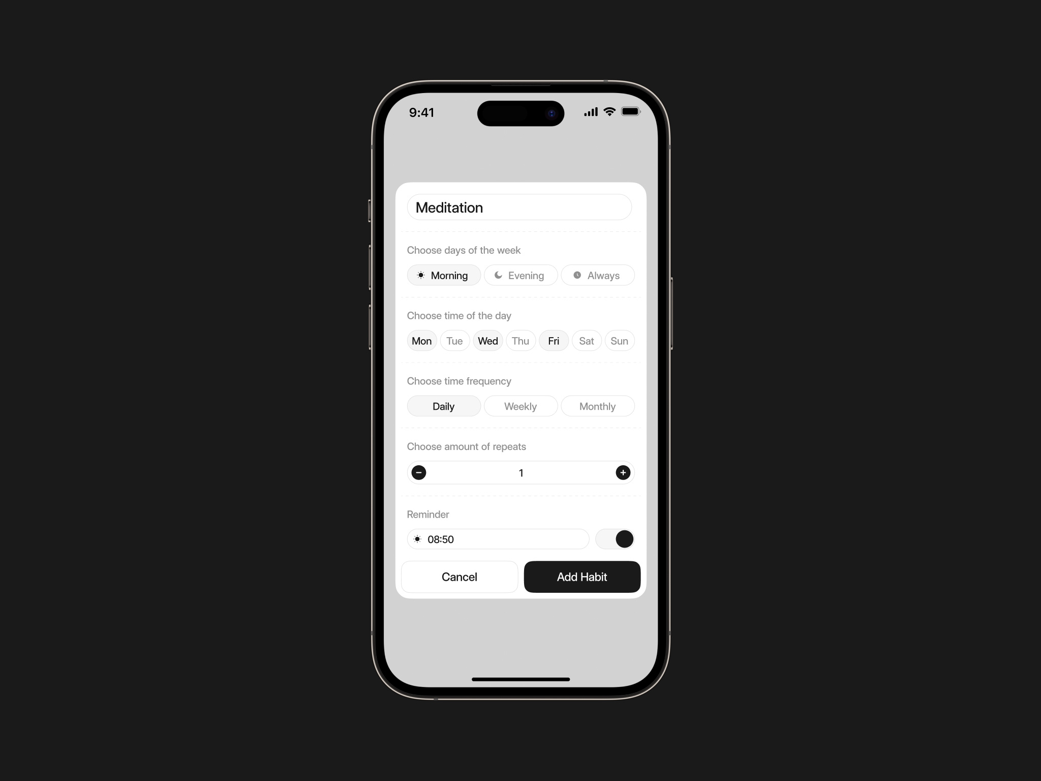 Concept: Add Habit Modal app design habit light minimal mobile ui