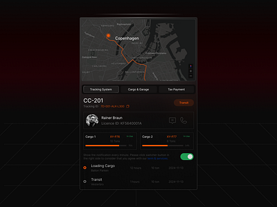 Map Tracking System Glassmorphism account card chart clean container dark dark mode driver glassmorphism map navigation orange profile section switch system tab tracking truck ui