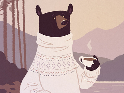 Bearly Awake bear black bear british columbia canada character design coffee cozy cute digital illustration forest illustration knit morning pacific northwest serenity sweater tea turtleneck vancouver island west coast