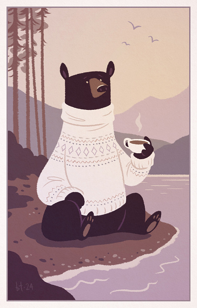 Bearly Awake bear black bear british columbia canada character design coffee cozy cute digital illustration forest illustration knit morning pacific northwest serenity sweater tea turtleneck vancouver island west coast