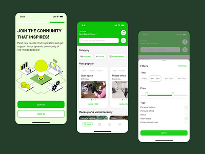 UI/UX Mobile App for Booking Coworking space app application booking bright button card cards colours cooworking design green menu mobile mobile app service tabs typography ui userfriendly ux