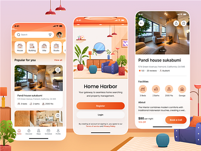 Real Estate Mobile App Design app booking card clean home house icon illustration list mobile product real estate rent trend ui design villa