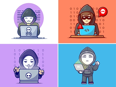 Hackers🧑🏿‍💻 boy branding character computer crime cyber doodle flat hack hacker hoodie icon illustration internet laptop logo privacy professional security technology