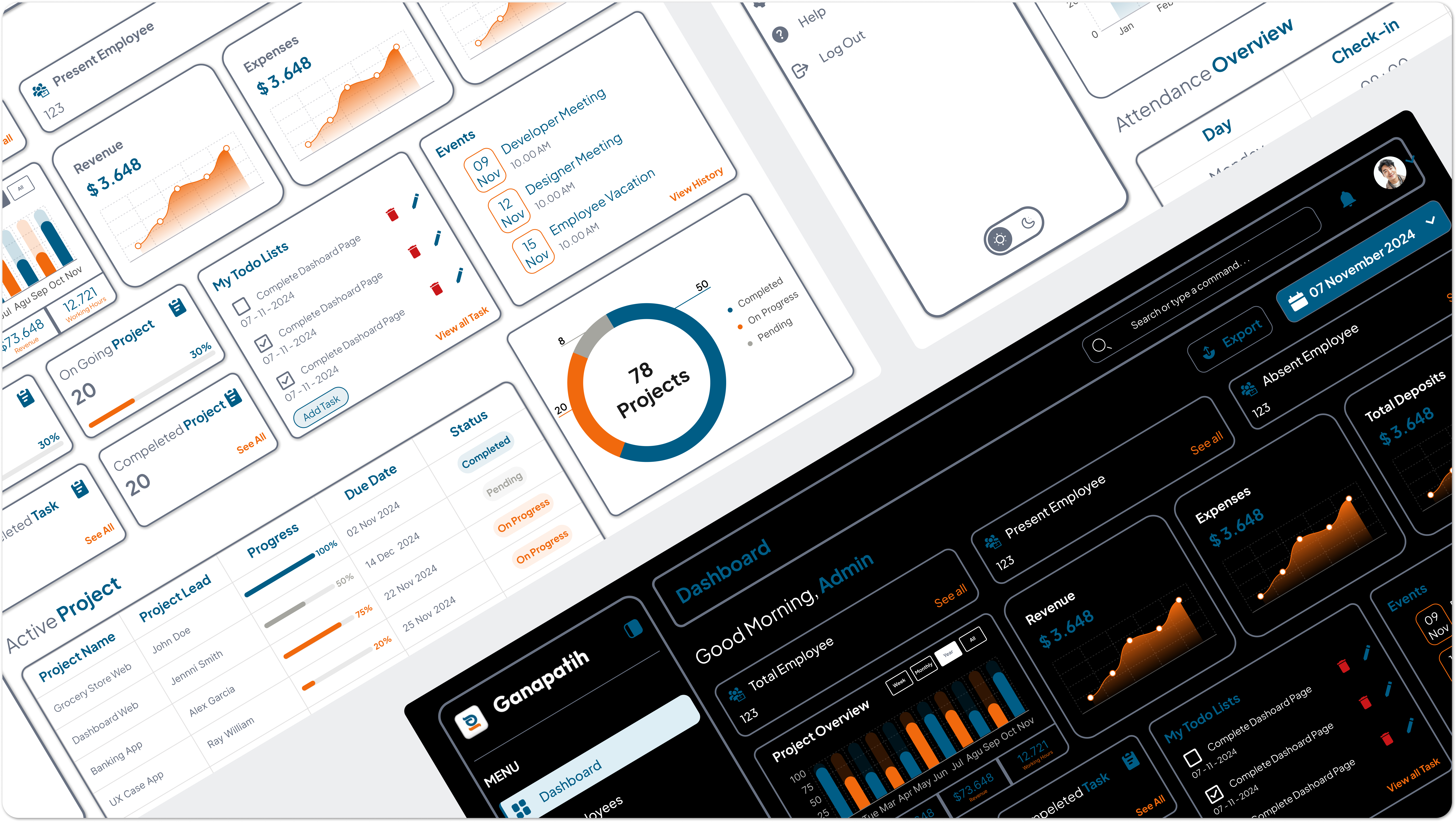 Project Management and Employees Dashboard black blue branding chart dark dashoard design employees graphic design grey hr light logo marketing online orange project ui ux website