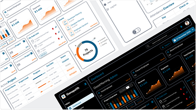 Project Management and Employees Dashboard black blue branding chart dark dashoard design employees graphic design grey hr light logo marketing online orange project ui ux website