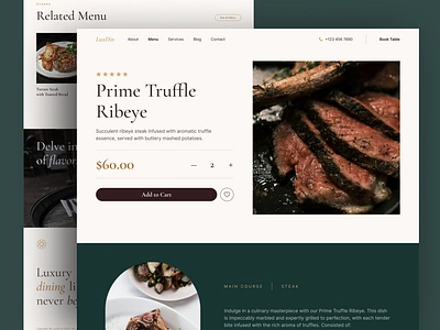 LuxDin Menu Details Page – Restaurant Website Framer diner with us food design food lovers food photography foodie gram framer design gourmet experience luxdin luxury dining menu design menu inspo menu template restaurant menu restaurant style restaurant website ui inspiration ui show case ui trends