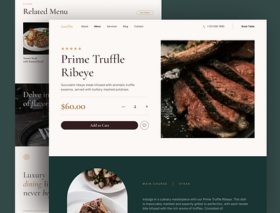 LuxDin Menu Details Page – Restaurant Website Framer diner with us food design food lovers food photography foodie gram framer design gourmet experience luxdin luxury dining menu design menu inspo menu template restaurant menu restaurant style restaurant website ui inspiration ui show case ui trends