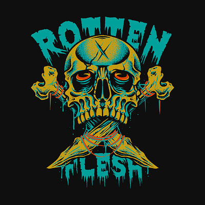 ROTTEN FLESH T-SHIRT DESIGN animation band bone bones branding graphic design hardcore illustration logo merch band metalhead skeleton skull