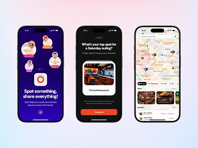 Spot - Onboarding and Map View 🗺️ app app design apple cards clean glassmorphism interaction interests ios leaderboard map mobile app onboarding orange product design social app swipe right tags ui ux