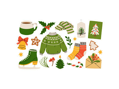 Christmas set green cartoon christmas collection concept design flat green hygge illustration set sticker vector winter xmas