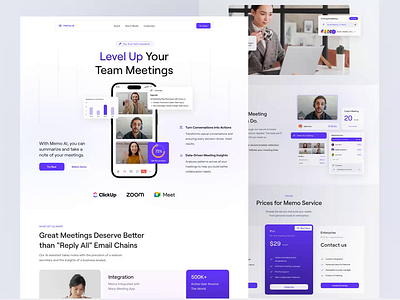 MemoAI - Meeting AI Tool Website ai animation artificial intelligence b2b business tool clean dipa inhouse landing page meeting meeting tools minimalist modern note saas startup summarize tools ux web design website