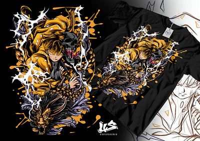 ZENITSU AND DRAGON anime creative illustration demon demon slayer detailed digital illustration dragon graphic graphic artist graphic design illustration illustrator katana samurai skull yellow zenitsu