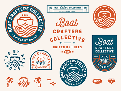 Boat Crafter Collective Logo badges boat branding coconut tree graphic design illustration lettering logo monoline ocean typography vintage wave