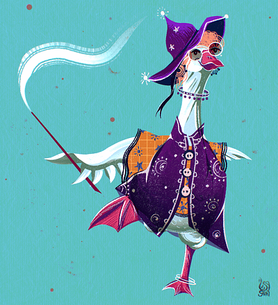 Wizzoose Weasley 2d art animal illustration cartoon character design children book childrenbook illustration fantasy goose character harry potter hippy witch hipster goose illustration magic wand magic world silly goose wizarding world