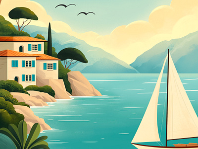 Lake Lugano's landscape art blue lake boat classic clouds illustration illustrator italy lake landscape luxury mountains old money postcard poster procreate retro sailboat trees villa