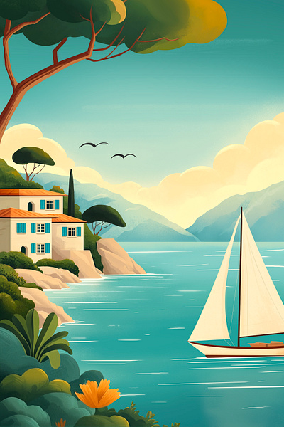 Lake Lugano's landscape art blue lake boat classic clouds illustration illustrator italy lake landscape luxury mountains old money postcard poster procreate retro sailboat trees villa