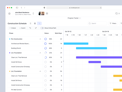 Property Management: Construction Schedule - Gantt table construction construction management gantt chart gantt table gantt view interface product design progress tracking progress visualization project progress property property management real estate schedule table timeline ui ux web app