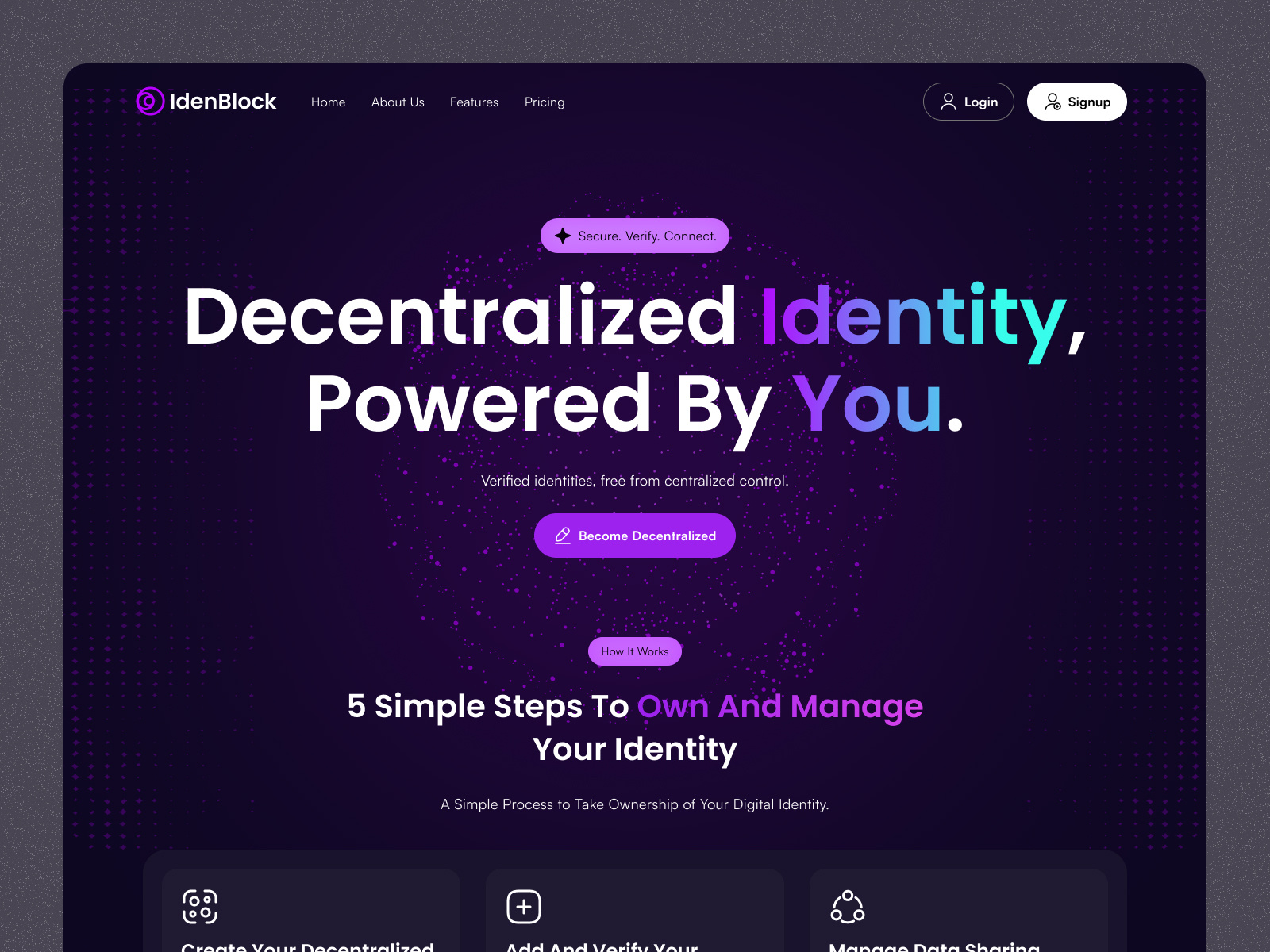 IdenBlock - Web3 Decentralized Identity Website crypto cryptocurrency dark mode dark ui defi website finance solana wallet web web 3 web3 website