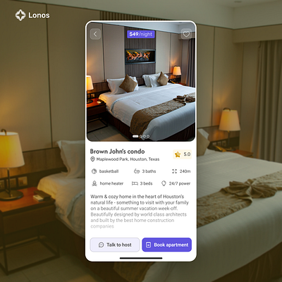 Lonos Hotel App - Booking an apartment accomodation airbnb apartment app design app ui booking hospitality hotels mobile app design mobile app ui product design travel ui ui design ui ux design ux ux design