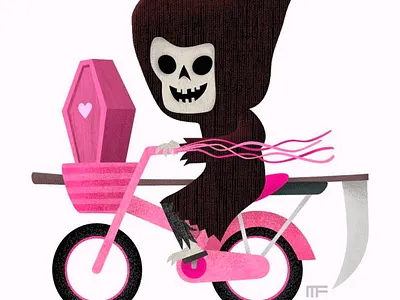 Death on a pink bicycle branding character design cute death design illustration kawaii pink bicycle tweedlebop