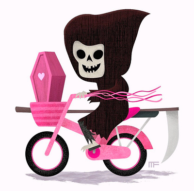 Death on a pink bicycle branding character design cute death design illustration kawaii pink bicycle tweedlebop