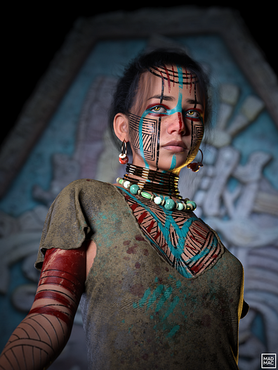 Aztec Girl portrait 3d aztec character character design daz3d digital art facepaint girl illustration jewelry marvelousdesigner native portrait render substancepainter tattoo texture