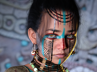 Aztec Girl portrait 3d aztec character character design daz3d digital art girl illustration jewelry marvelousdesigner native portrait render substancepainter tattoo