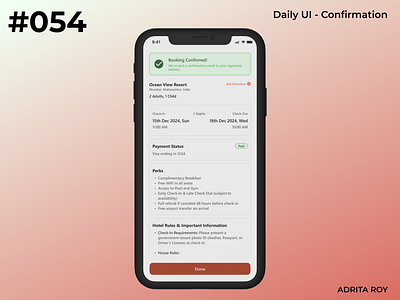 Daily UI 054 - Confirmation confirmation dailychallenge dailyui design figma hotel booking app mobile mobile ui product design ui user experience user interface ux