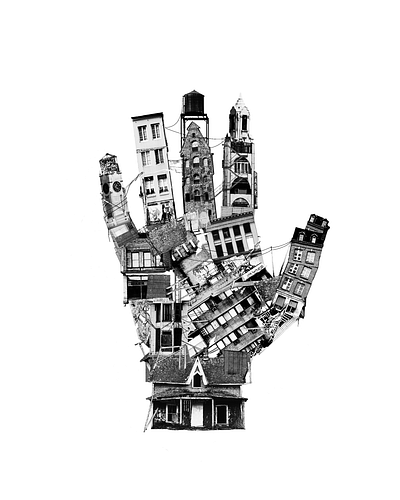 Building Stories architecture black and white bw collage construction design graphic design hand illustration mixed media palm photo manipulation photography photoshop