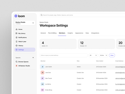 Members Page - Loom Redesign app app design card design clean concept concept design dashboard dashboard design light mode loom loom redesign members page minimal minimalist table table design ui web app web app design white