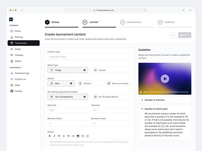 Sport Tournament Set Up form onboarding form sport sport dashboard sport onboarding flow sport set up sport tournament sport website tennis website tournament tournament flow ui design uiux userexperience web design website design