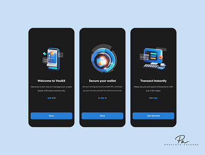 Onboarding Screens for VaultX - A crypto wallet app crypto crypto app defi login mobile mobile app onboarding product design registration splash screen transaction ui ux wallet