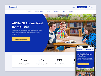 Academix - responsive home page design b2c coaching e learning edtech kids knowledge learning online tuitor school student study study plan teachers teenagers tuitoring tutors university ux video tutoring website